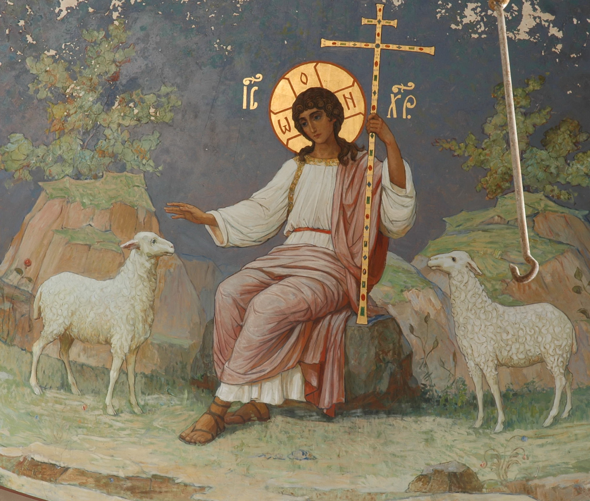Икона пастырь. Икона Спасителя Пастырь добрый. Христос добрый Пастырь иконография. Иисус добрый Пастырь иконография. Христос добрый Пастырь фреска.